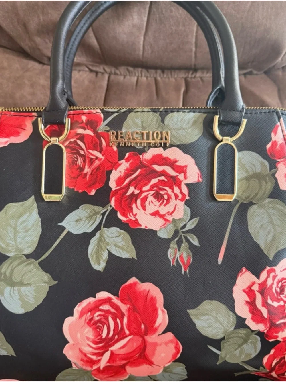 Kenneth Cole Reaction Black Satchel with Red Floral Print and Gold Hardware